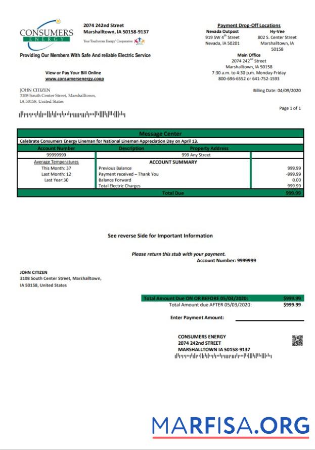 Printable USA Iowa Consumers Energy utility bill template in Word and PDF format